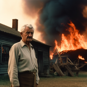 William Faulkner in front of a burning barn